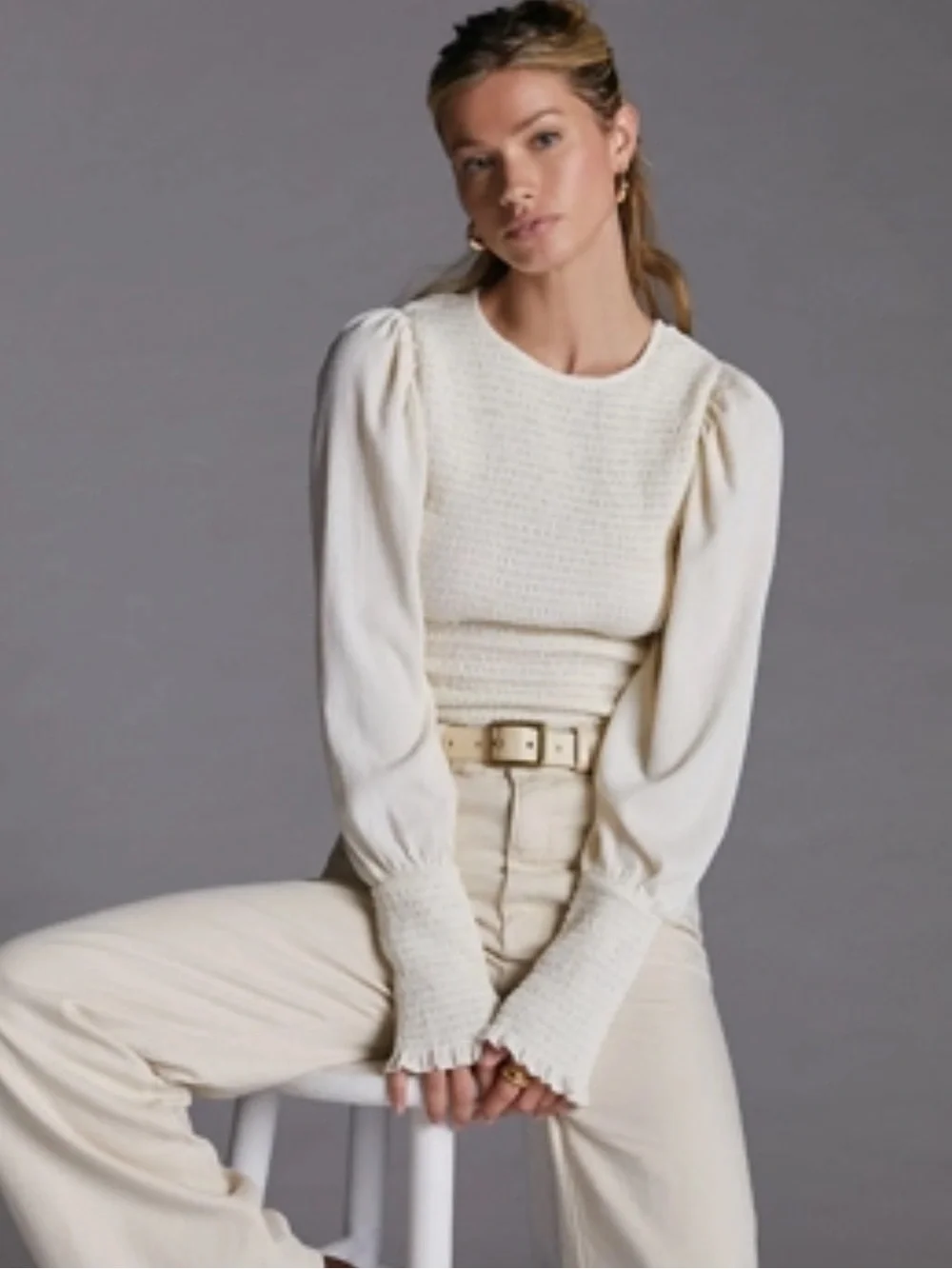Anthropologie Ivory Smocked Balloon Long-Sleeve Top